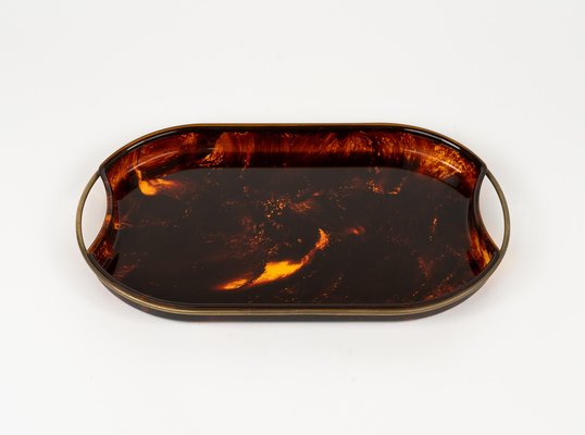 Oval Serving Tray in Effect Tortoiseshell Acrylic & Brass attributed to Guzzini, Italy, 1970s-LYQ-1813209