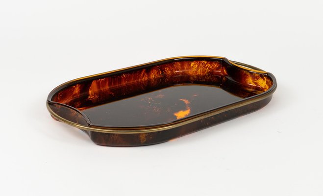 Oval Serving Tray in Effect Tortoiseshell Acrylic & Brass attributed to Guzzini, Italy, 1970s-LYQ-1813209