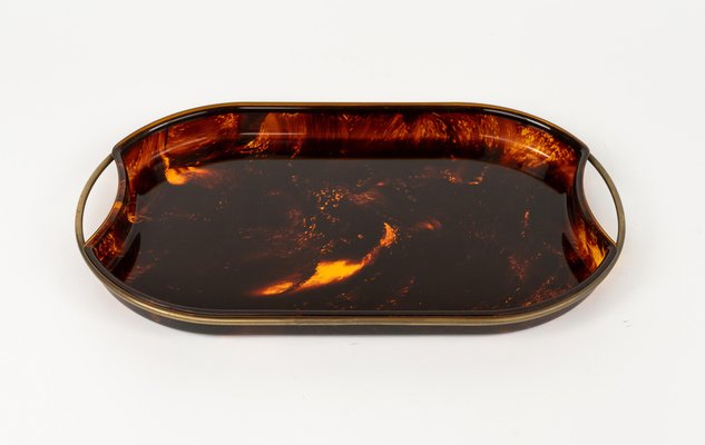 Oval Serving Tray in Effect Tortoiseshell Acrylic & Brass attributed to Guzzini, Italy, 1970s-LYQ-1813209