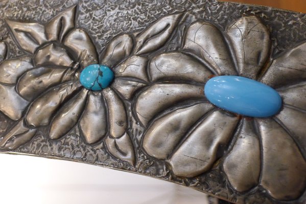 Oval Wall Mirror with Pewter Frame Decorated with Large Flowers in Relief, with Turquoise Heart, 1950s-RNR-2026911