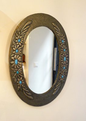 Oval Wall Mirror with Pewter Frame Decorated with Large Flowers in Relief, with Turquoise Heart, 1950s-RNR-2026911