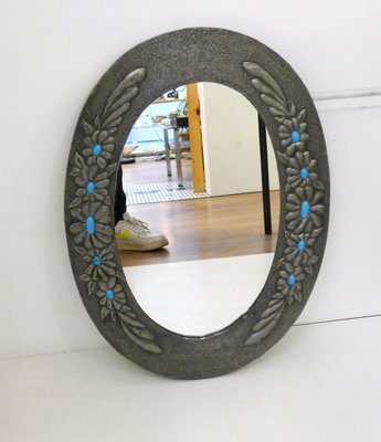 Oval Wall Mirror with Pewter Frame Decorated with Large Flowers in Relief, with Turquoise Heart, 1950s-RNR-2026911