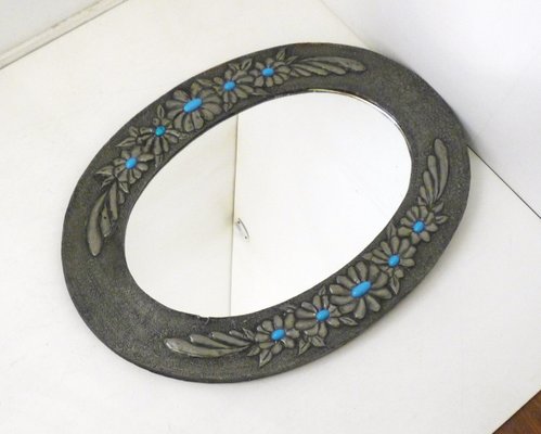 Oval Wall Mirror with Pewter Frame Decorated with Large Flowers in Relief, with Turquoise Heart, 1950s-RNR-2026911