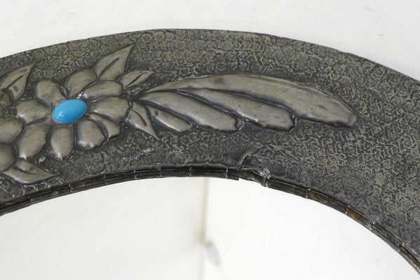 Oval Wall Mirror with Pewter Frame Decorated with Large Flowers in Relief, with Turquoise Heart, 1950s-RNR-2026911