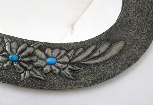 Oval Wall Mirror with Pewter Frame Decorated with Large Flowers in Relief, with Turquoise Heart, 1950s-RNR-2026911