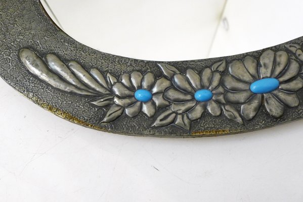 Oval Wall Mirror with Pewter Frame Decorated with Large Flowers in Relief, with Turquoise Heart, 1950s-RNR-2026911