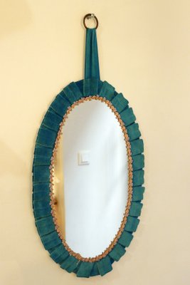 Oval Wall Mirror with Pleated Velvet Frame & Small Flowers, 1960s-RNR-2026920