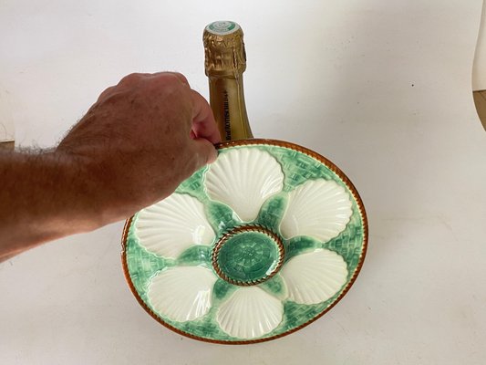 Oyster Plate in Majolica Green and White Color, France, 19th Century-UR-1706807