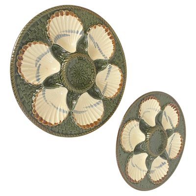 Oyster Plates in Green and White Majolica from Longchamp, 19th Century, Set of 2-UR-1717319