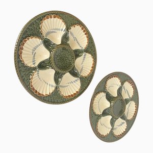 Oyster Plates in Green and White Majolica from Longchamp, 19th Century, Set of 2-UR-1717319