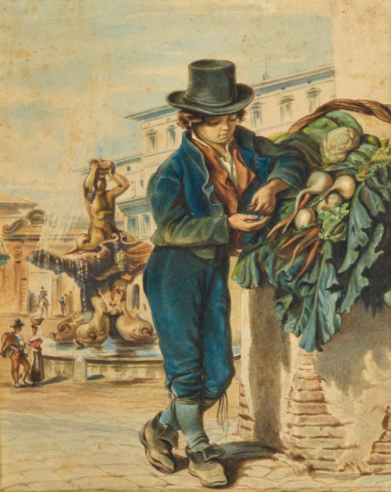 P.A. Rizzoni, Young Seller of Vegetables on the Streets of Rome, 19th Century, Watercolor