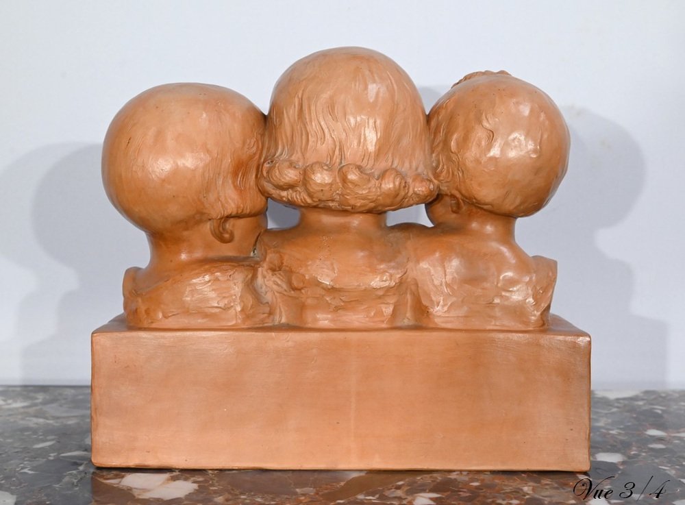 P. Dumont, Art Deco Mother and Her Children, 1920s, Patinated Terracotta Group