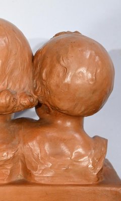 P. Dumont, Art Deco Mother and Her Children, 1920s, Patinated Terracotta Group-RVK-1706552