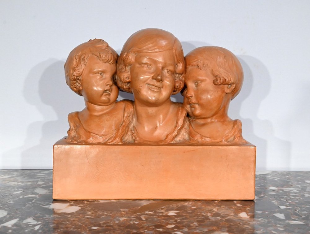 P. Dumont, Art Deco Mother and Her Children, 1920s, Patinated Terracotta Group