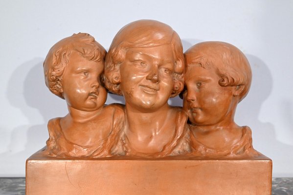 P. Dumont, Art Deco Mother and Her Children, 1920s, Patinated Terracotta Group-RVK-1706552