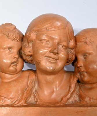 P. Dumont, Art Deco Mother and Her Children, 1920s, Patinated Terracotta Group-RVK-1706552