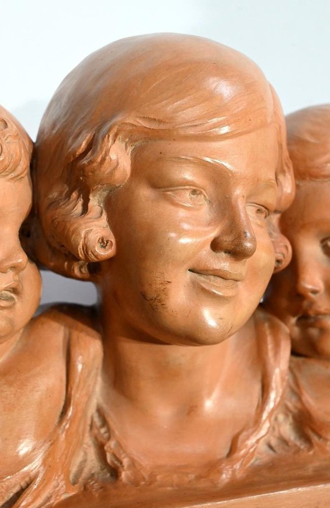 P. Dumont, Art Deco Mother and Her Children, 1920s, Patinated Terracotta Group