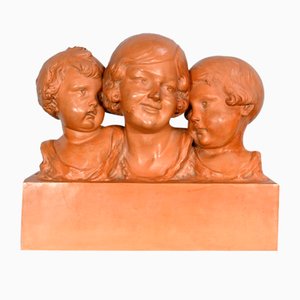 P. Dumont, Art Deco Mother and Her Children, 1920s, Patinated Terracotta Group-RVK-1706552