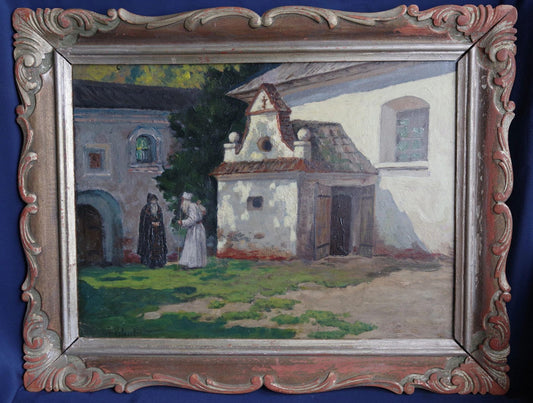 P.O. Kovalevsky, In the Monastery Courtyard, Oil on Cardboard, Framed