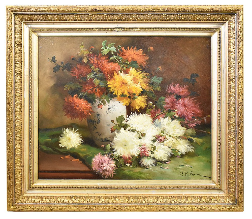 P. Valmon, Dahlias, Oil on Canvas, 19th Century, Framed