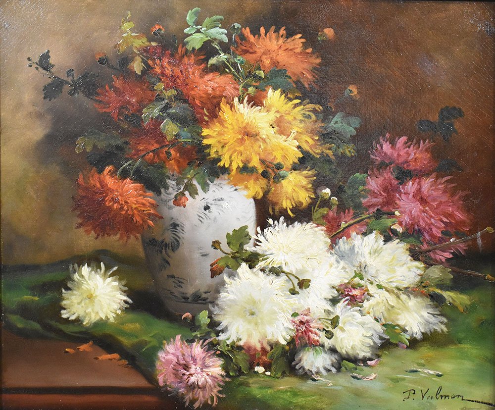 P. Valmon, Dahlias, Oil on Canvas, 19th Century, Framed