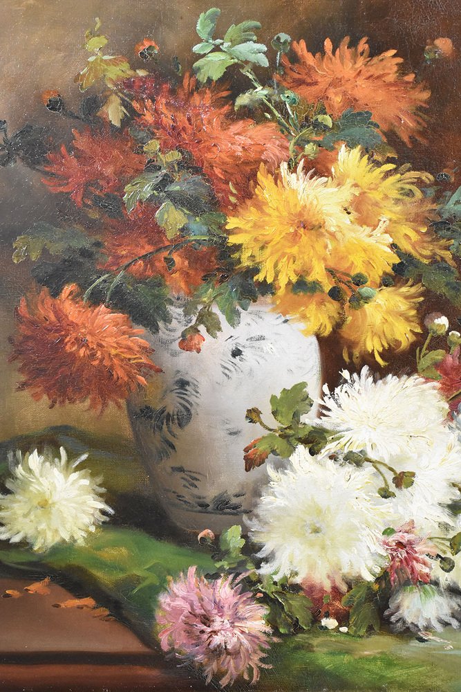 P. Valmon, Dahlias, Oil on Canvas, 19th Century, Framed