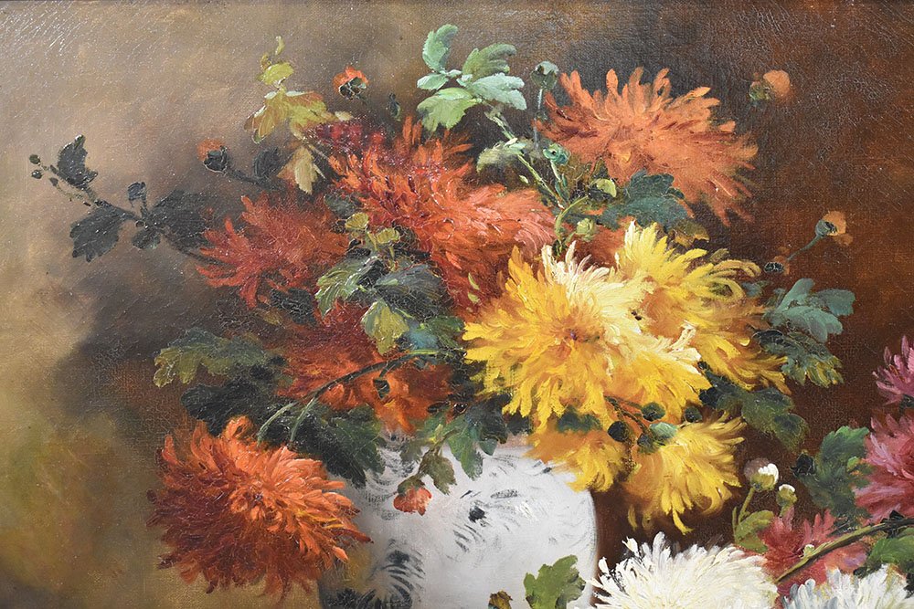 P. Valmon, Dahlias, Oil on Canvas, 19th Century, Framed