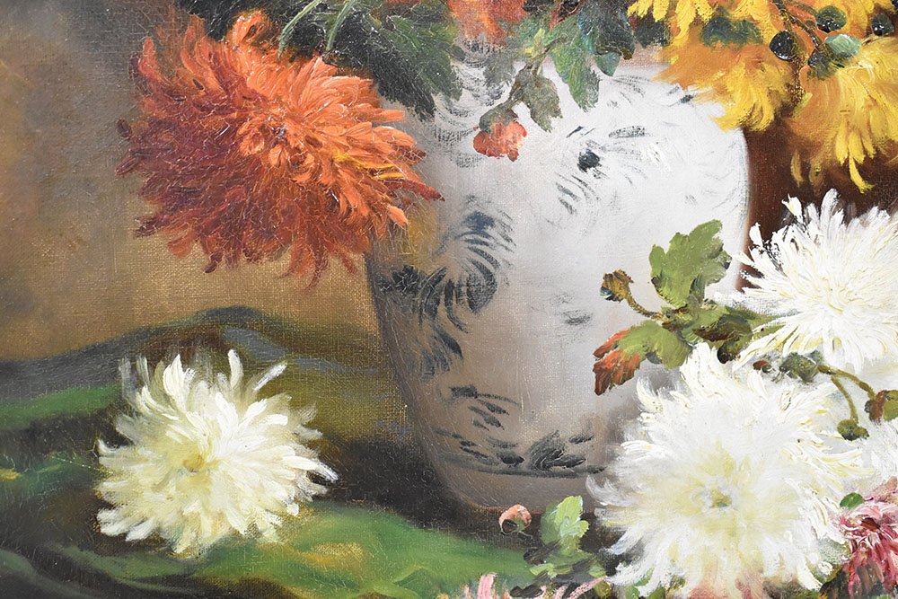 P. Valmon, Dahlias, Oil on Canvas, 19th Century, Framed