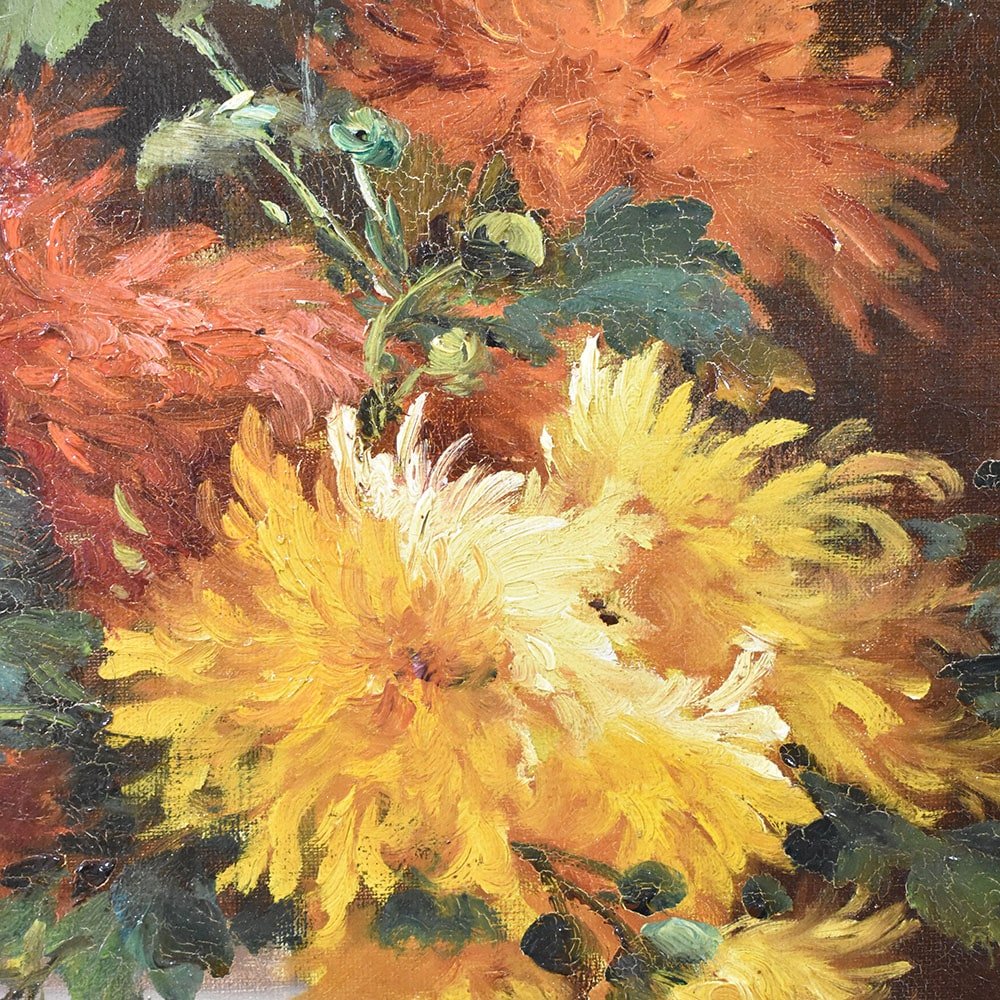 P. Valmon, Dahlias, Oil on Canvas, 19th Century, Framed