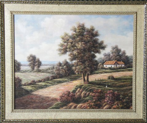 P. Wilson, Landscape with Rustic House and Wildflower Meadow, Oil on Canvas, Framed-ZYI-1338434