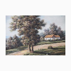 P. Wilson, Landscape with Rustic House and Wildflower Meadow, Oil on Canvas, Framed-ZYI-1338434