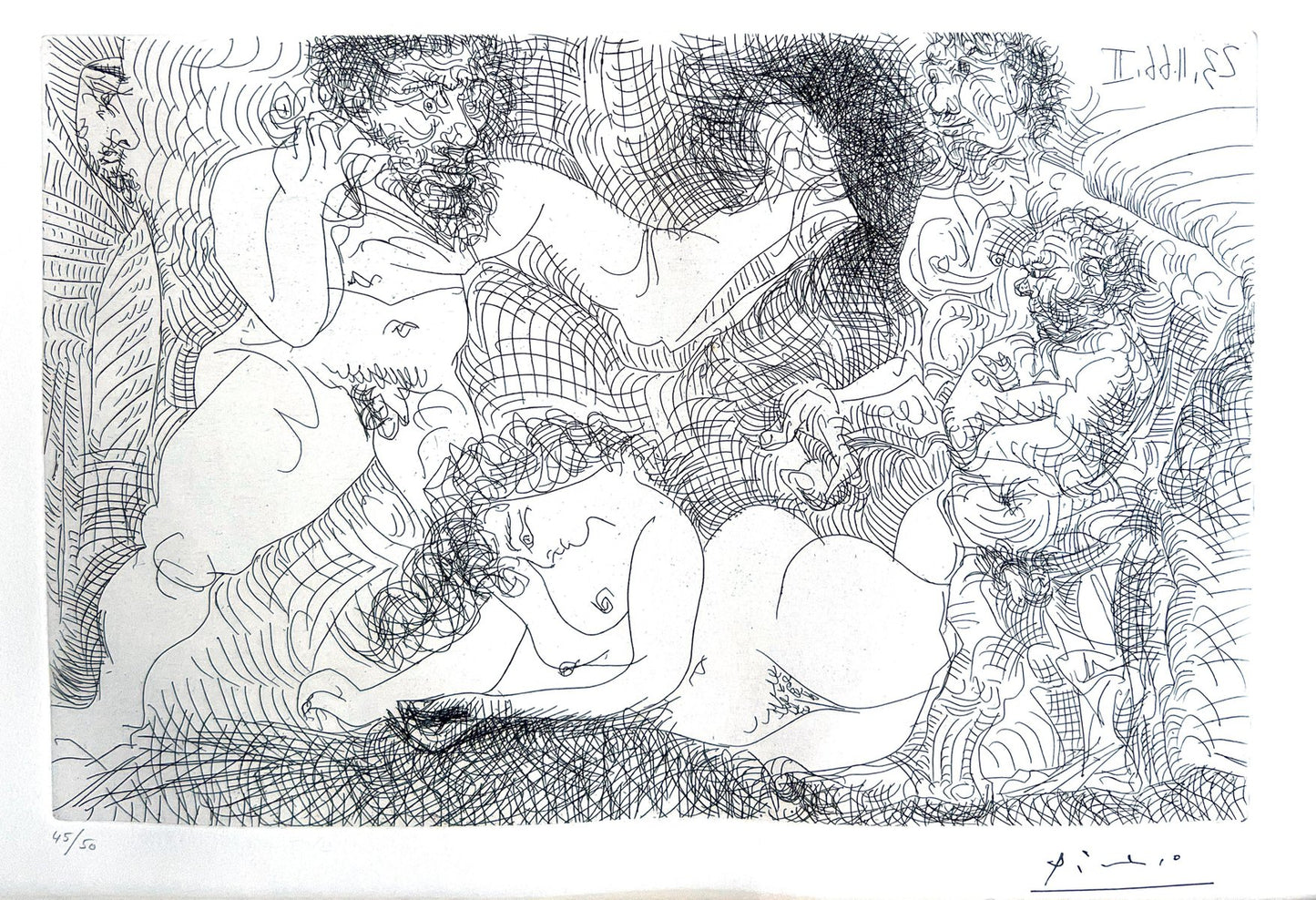 Pablo Picasso, Three Men Arguing with Woman in Front of a Emir, Etching, 1966