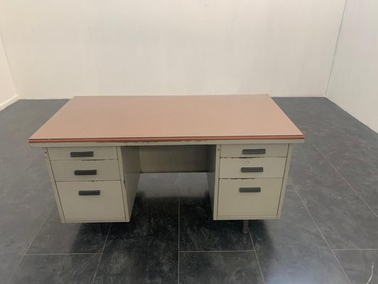 Painted Metal Desk with Brown Leatherette Top from Mermelada Estudio, 1960s-IJR-885687