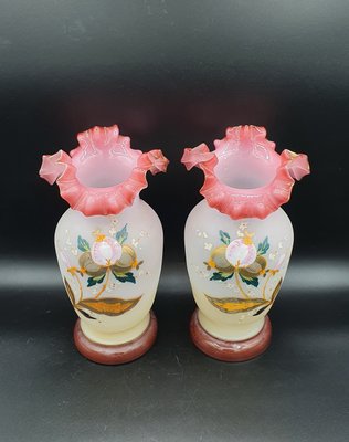 Painted Ruffled Edge Opaline Vases, France, Set of 2-OZS-1388704