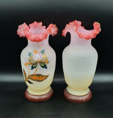 Painted Ruffled Edge Opaline Vases, France, Set of 2-OZS-1388704