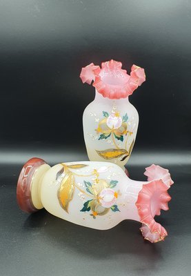 Painted Ruffled Edge Opaline Vases, France, Set of 2-OZS-1388704