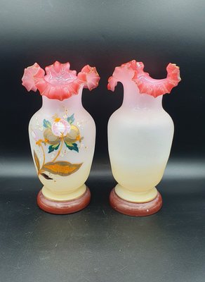 Painted Ruffled Edge Opaline Vases, France, Set of 2-OZS-1388704