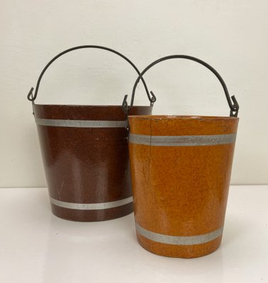 Painted Wood Fiber Buckets, 1950s, Set of 2-WZZ-1742397