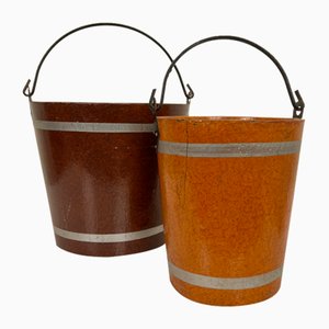 Painted Wood Fiber Buckets, 1950s, Set of 2-WZZ-1742397