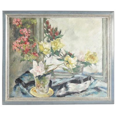 Painting on Wood of a Bouquet of Flowers in Front of a Mirror, 1920s-WFS-744767