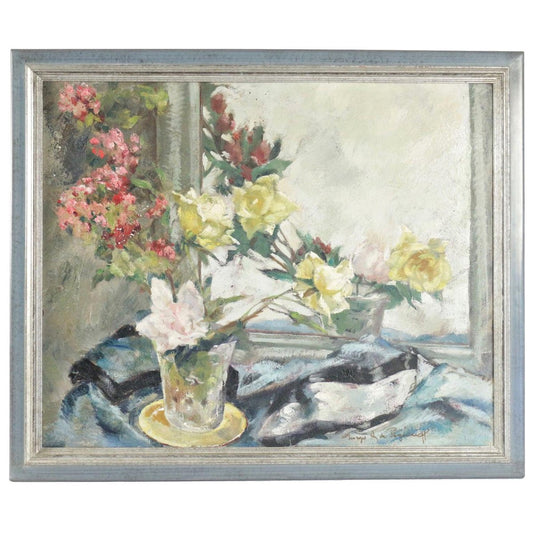 Painting on Wood of a Bouquet of Flowers in Front of a Mirror, 1920s