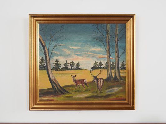 Painting, The Pair of Deer, 1960s, Wood, Framed-VND-1776736