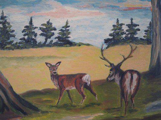 Painting, The Pair of Deer, 1960s, Wood, Framed-VND-1776736