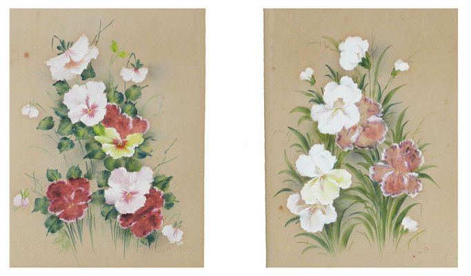 Paintings with Flowers, 1913, Oil on Board, Framed, Set of 2-ARU-1338158