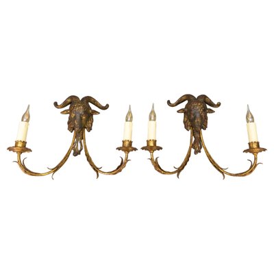 Palladio Gilt Metal and Giltwood Rams Head Two-Light Sconces, 1960s, Set of 2-KEG-1677800