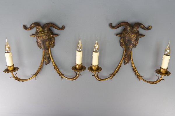 Palladio Gilt Metal and Giltwood Rams Head Two-Light Sconces, 1960s, Set of 2-KEG-1677800