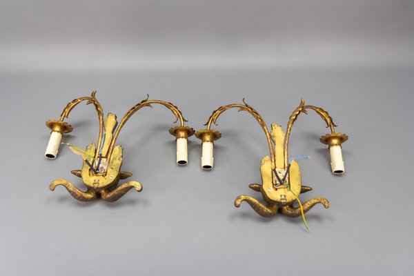 Palladio Gilt Metal and Giltwood Rams Head Two-Light Sconces, 1960s, Set of 2-KEG-1677800