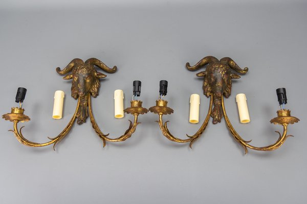 Palladio Gilt Metal and Giltwood Rams Head Two-Light Sconces, 1960s, Set of 2-KEG-1677800