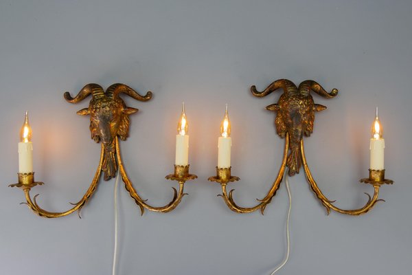 Palladio Gilt Metal and Giltwood Rams Head Two-Light Sconces, 1960s, Set of 2-KEG-1677800