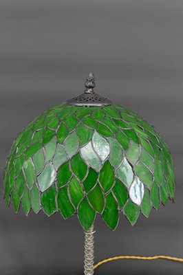 Palm Lamp in Silvered Bronze and Green Stained Glass, 1890s-XNH-1804657